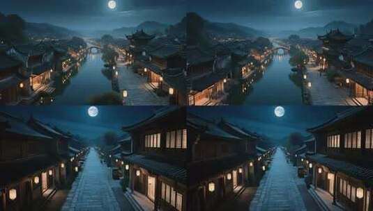月光下的水乡古镇高清在线视频素材下载