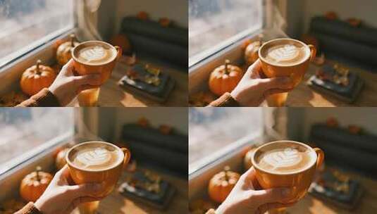 秋分南瓜拿铁温暖治愈美食视频高清在线视频素材下载