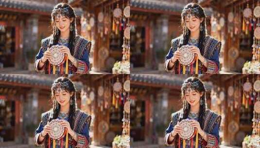 身着民族服饰女子手持特色物件高清在线视频素材下载