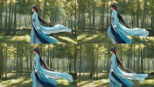 竹林中身着汉服的女子漫步高清在线视频素材下载