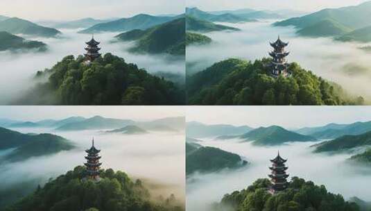 山间云雾中的古亭风景高清在线视频素材下载