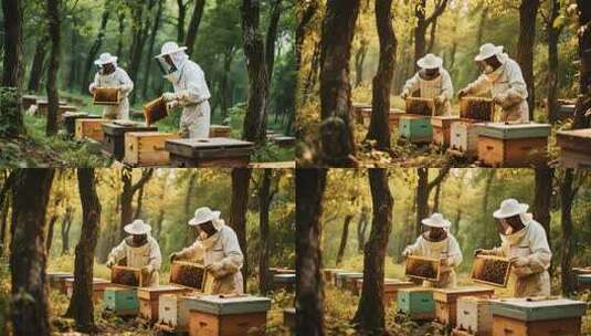 林间养蜂人查看蜂巢高清在线视频素材下载