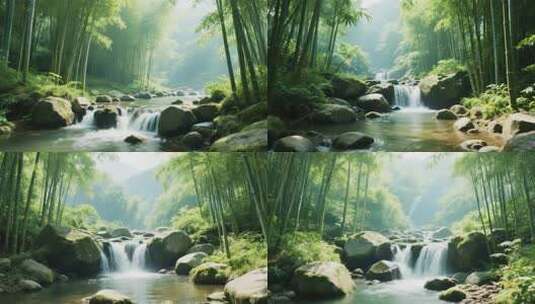 竹林溪流自然风光全景高清在线视频素材下载