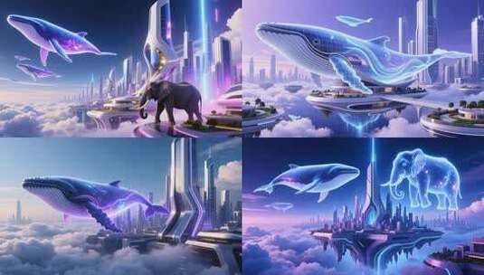 创意虚拟鲸鱼概念地产高端光影云端城市4K高清在线视频素材下载