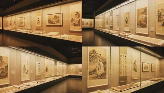 博物馆内古代书画展品陈列高清在线视频素材下载