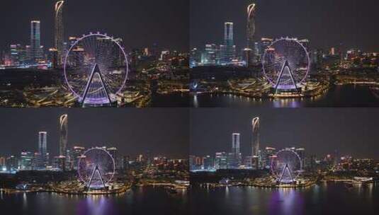 苏州金鸡湖畔苏州之眼摩天轮夜景航拍高清在线视频素材下载