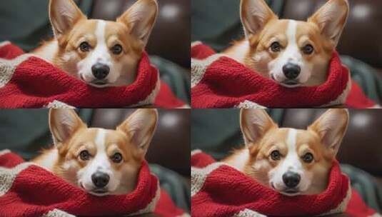 可爱柯基犬裹着红色围巾温暖治愈高清在线视频素材下载