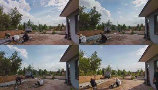 工人庭院内进行施工操作高清在线视频素材下载