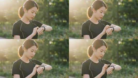女孩户外跑步智能穿戴健康生活视频高清在线视频素材下载