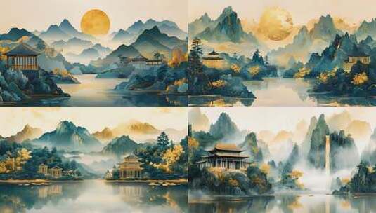 山水画中式山水古建筑风景高清在线视频素材下载