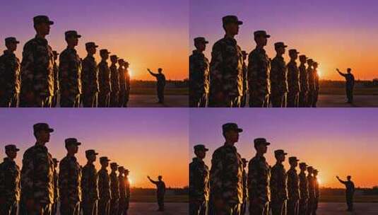 军人黄昏列队训练场景高清在线视频素材下载