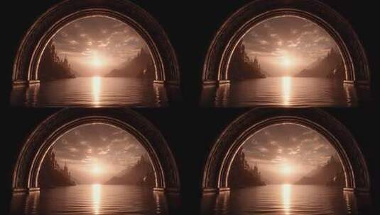 神秘拱门后水面城堡在夕阳下熠熠生辉高清在线视频素材下载