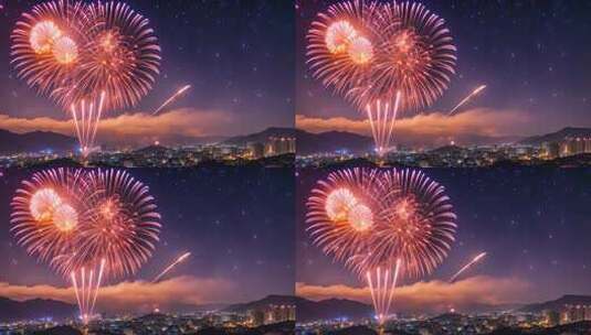 城市夜空绽放的绚丽烟花高清在线视频素材下载