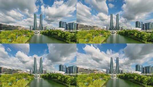 【4K超清】杭州东方之门河流蓝天白云延时高清在线视频素材下载