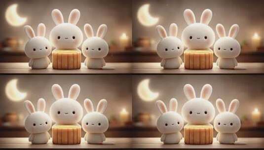 萌兔共赏中秋月品尝美味月饼高清在线视频素材下载