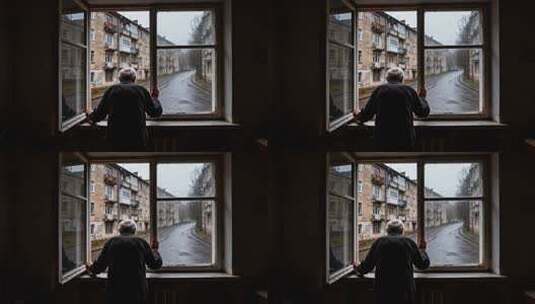 老人窗边凝望雨中街道高清在线视频素材下载