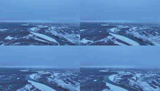 航拍晨曦中的雪原河流景观高清在线视频素材下载