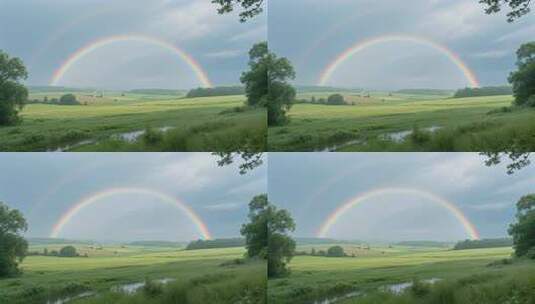 夏天雨后彩虹横跨草原唯美自然风光视频高清在线视频素材下载