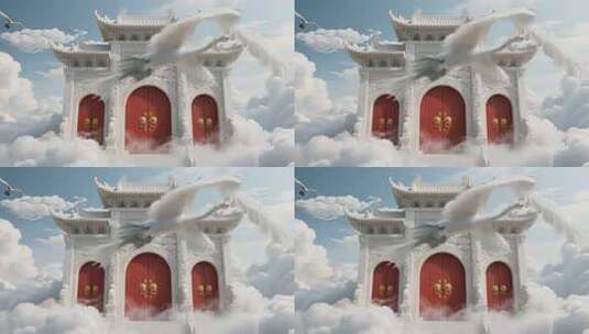 云端中式门楼与飞鹤素材高清在线视频素材下载