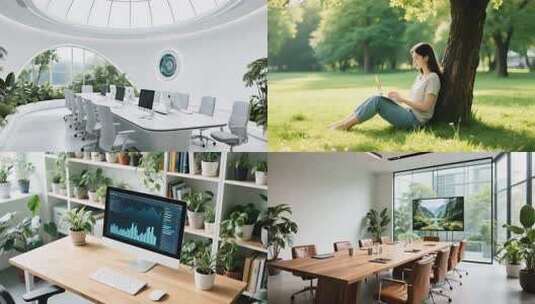 绿色植物环绕的现代办公室高清在线视频素材下载