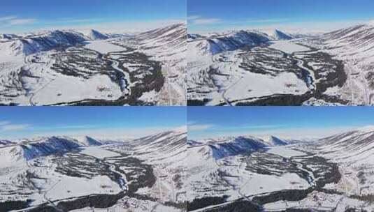 新疆阿勒泰地区喀纳斯景区雪景航拍高清在线视频素材下载