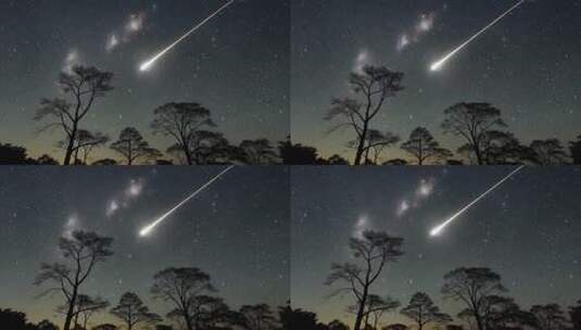 夜空流星划过与树木剪影高清在线视频素材下载