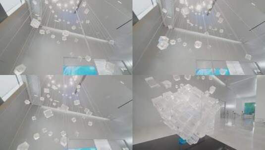 透明方块艺术装置现代展厅水晶吊灯光影效果高清在线视频素材下载