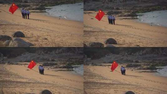 国庆节威海警察高举五星红旗巡查海岸高清在线视频素材下载