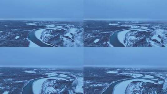 航拍晨曦中的雪原河流景观高清在线视频素材下载