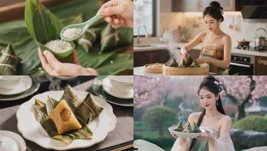 端午节包粽子美女包粽子食材高清在线视频素材下载
