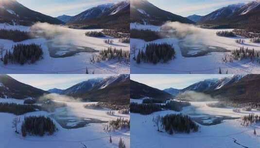 新疆阿勒泰地区喀纳斯景区雪景航拍高清在线视频素材下载