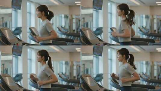 健身房女孩跑步机运动健康生活视频高清在线视频素材下载