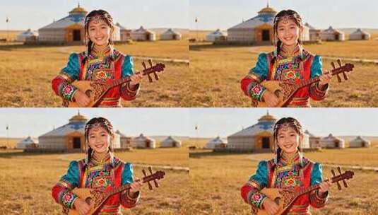 草原蒙古族女孩持琴留影高清在线视频素材下载