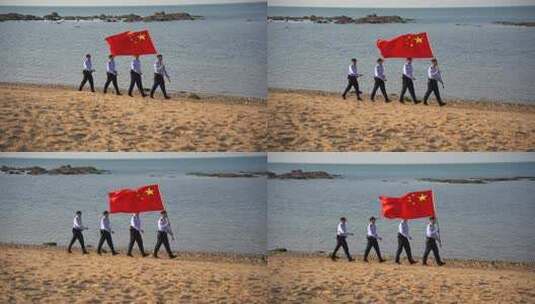 国庆节威海警察高举五星红旗巡查海岸高清在线视频素材下载
