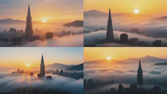 日出时城市高楼云海景观高清在线视频素材下载