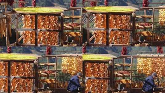 江西婺源篁岭美丽乡村晒秋丰收的喜悦高清在线视频素材下载