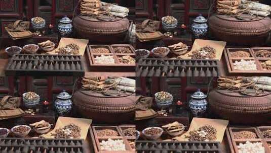 木桌木雕家具老中药房研究中药配方计量药方高清在线视频素材下载