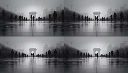 城市人群剪影走向凯旋门迎接崭新的一天高清在线视频素材下载
