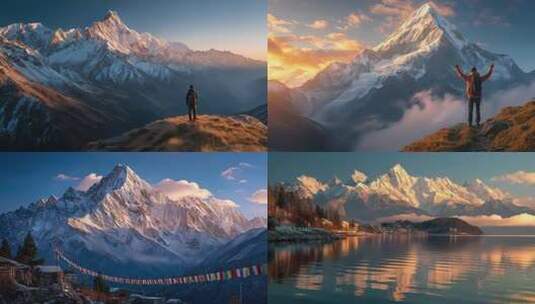 大自然登山者眺望雪山全景视频高清在线视频素材下载