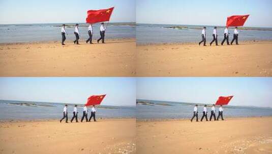 国庆节威海警察高举五星红旗巡查海岸高清在线视频素材下载