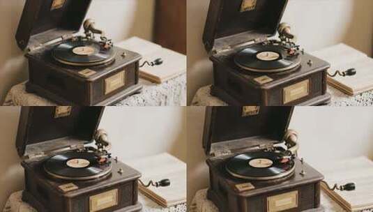 复古唱片机与唱片特写高清在线视频素材下载