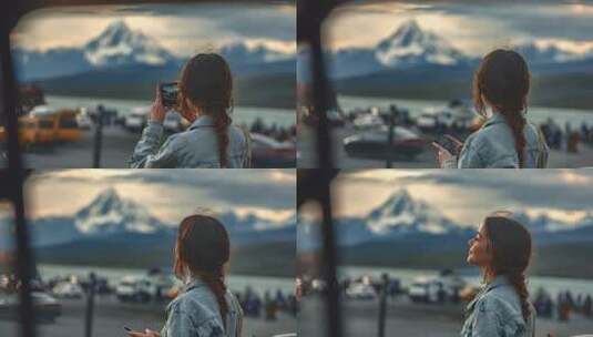 女孩赏景时使用手机高清在线视频素材下载