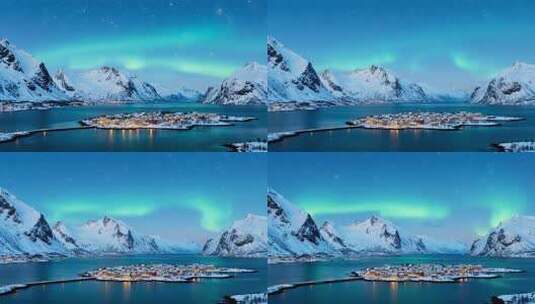雪山极光下的小镇夜景高清在线视频素材下载