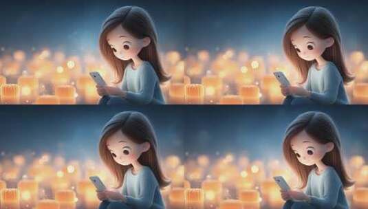 卡通女孩在温馨灯光下使用手机的场景高清在线视频素材下载