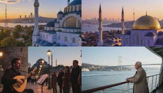 街头男子弹奏乐器吸引路人高清在线视频素材下载