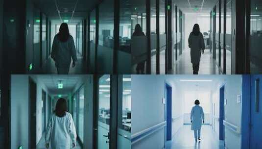 穿白大褂女性行走在走廊高清在线视频素材下载