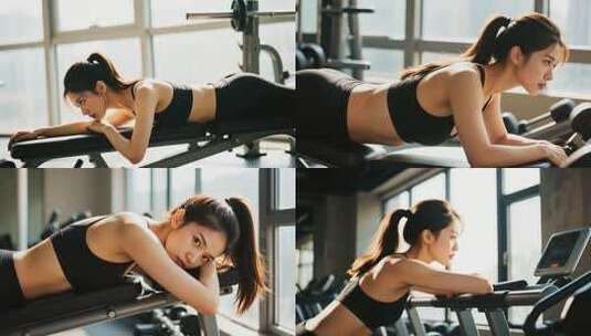 健身房女性做平板支撑高清在线视频素材下载