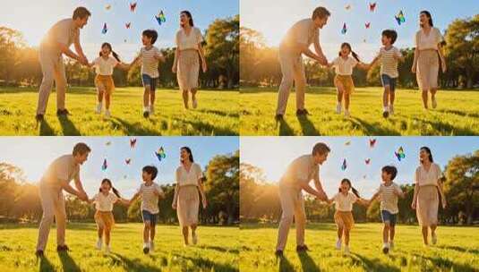 一家四口公园欢乐奔跑高清在线视频素材下载