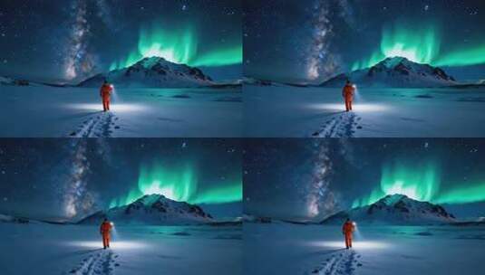 雪地中人观赏极光星空高清在线视频素材下载