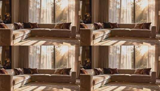 现代客厅沙发及阳光透过窗帘场景高清在线视频素材下载